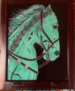 War Horse on recycled window with epoxy resin