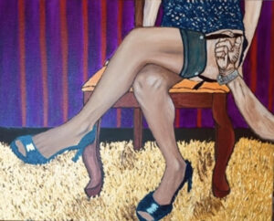 Sexy legs with stockings painted on canvas with epoxy resin