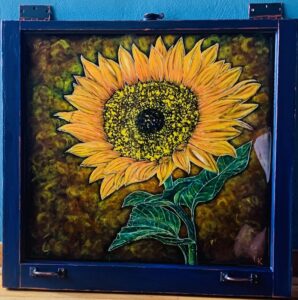Sunflower on recycled glass with epoxy resin